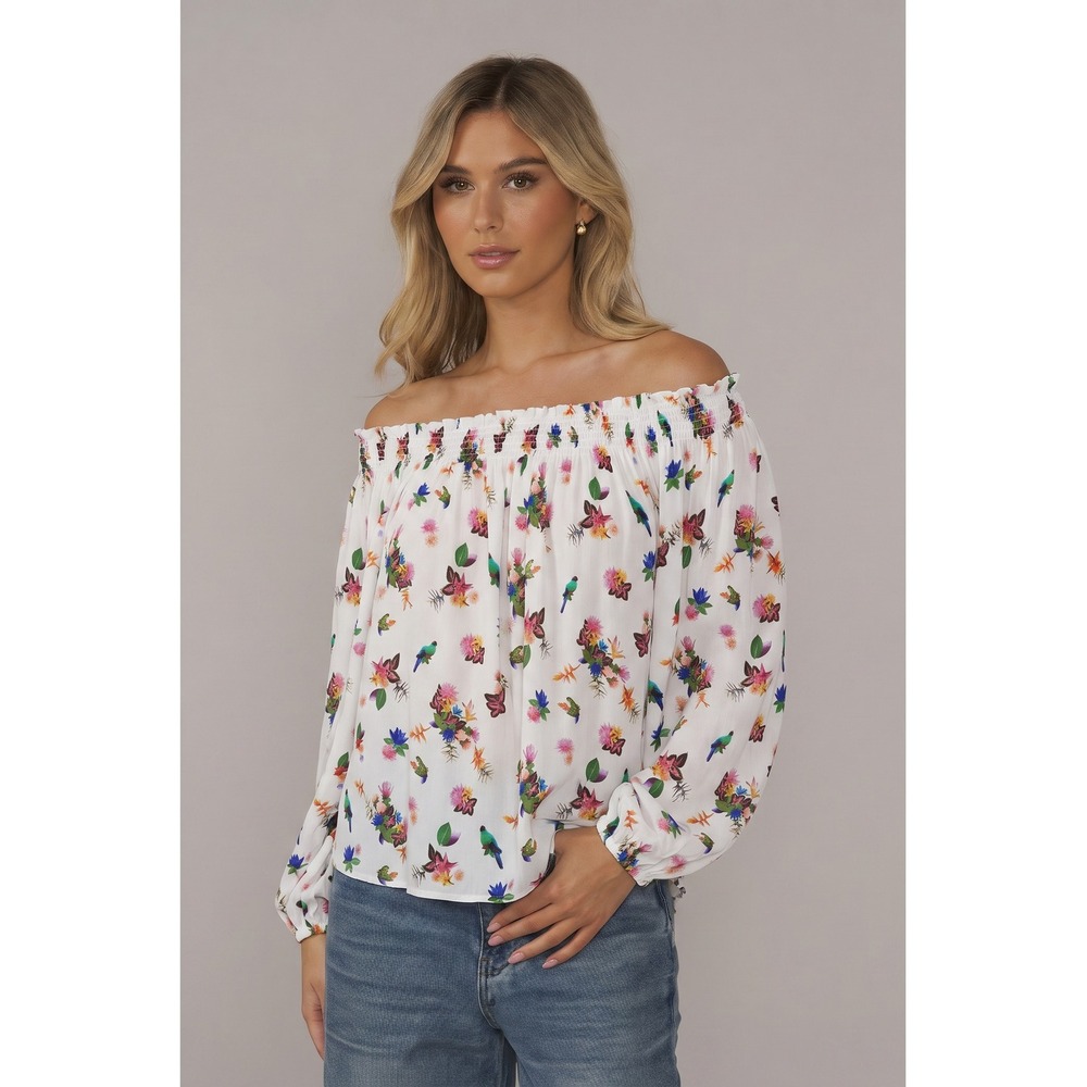 Artelier Nicole Miller Tropical Bird Frog Floral Smocked Off Shoulder Blouse S